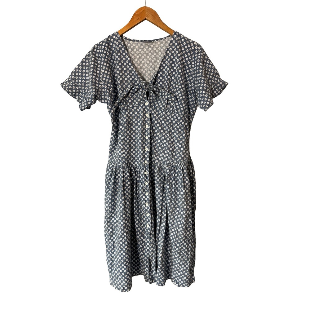 Chandni Floral Cotton Midi Dress Size M Blue White Tie Front Button Up Tiered